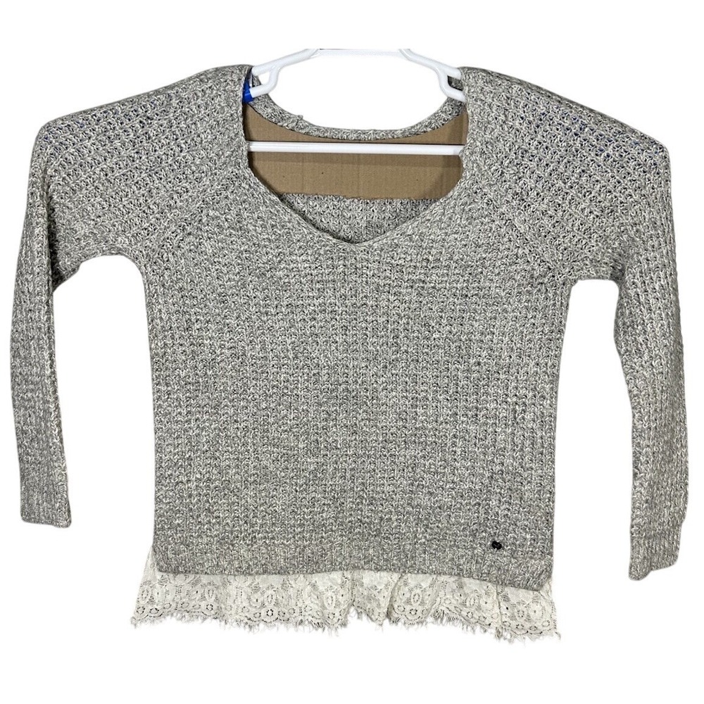 Hollister Sweater Lace Trim Big Cable Knit Square Neck Gray Size Medium